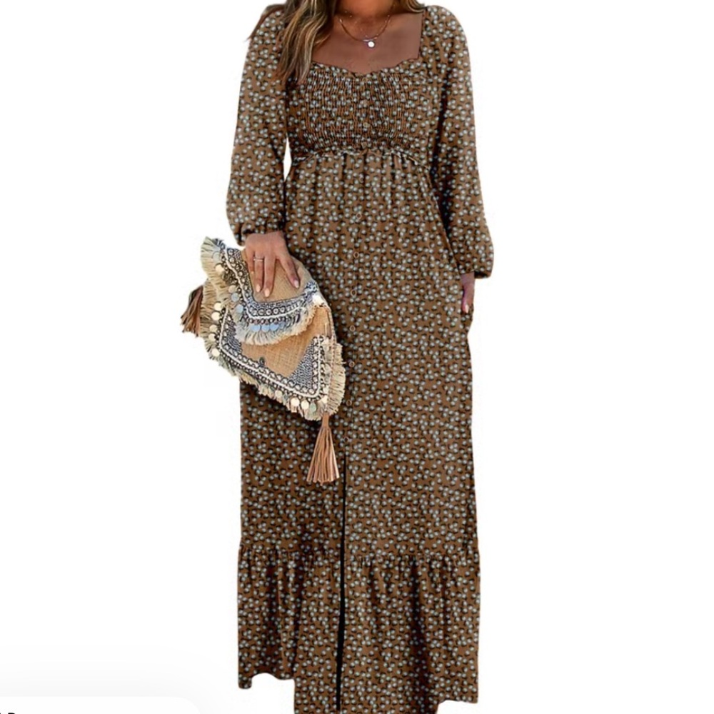 Chic Long Sleeve Brown Dress with White Dots